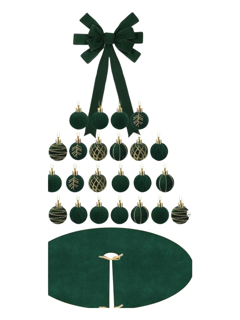 Green Velvet Hanging Ornament Set with Bow. 26 Pieces. NEW.